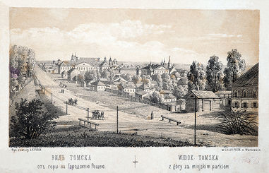 Литография. Вид Томска от горы за городскою рощею. Флек Ю. 1868 год